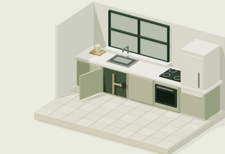Illustrative Willow House kitchen cutaway